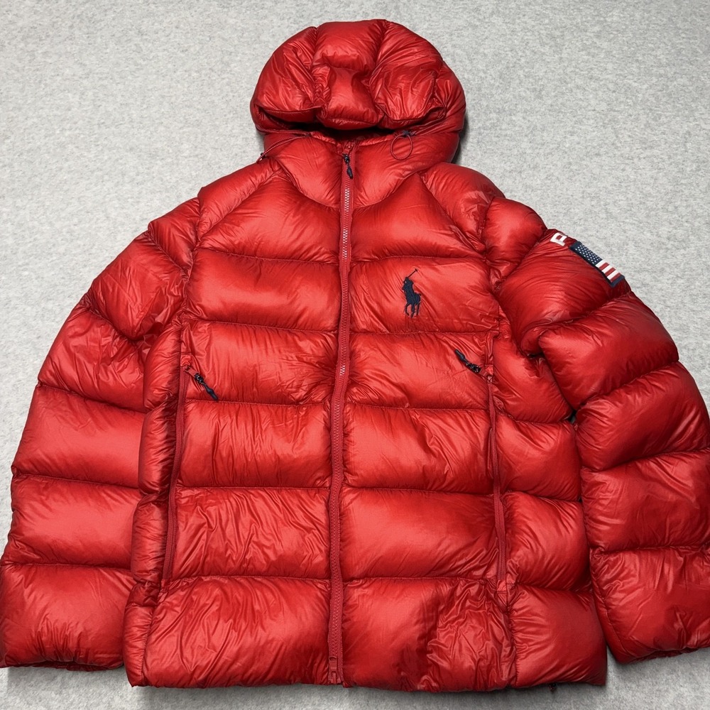 Polo Ralph Lauren Jacket Mens Small Red Hawthorne Flag Down Hooded Puffer USA